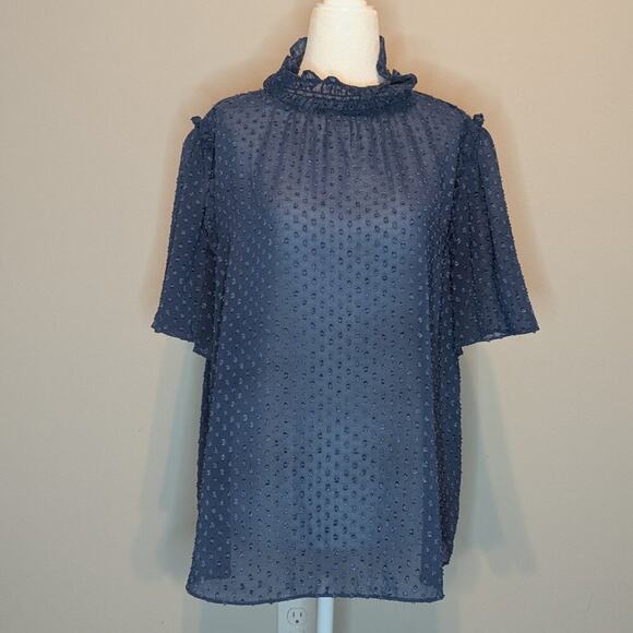 everleigh Tops - Everleigh Navy Blue Sheer Textured Ruffled Collar Blouse Size Large